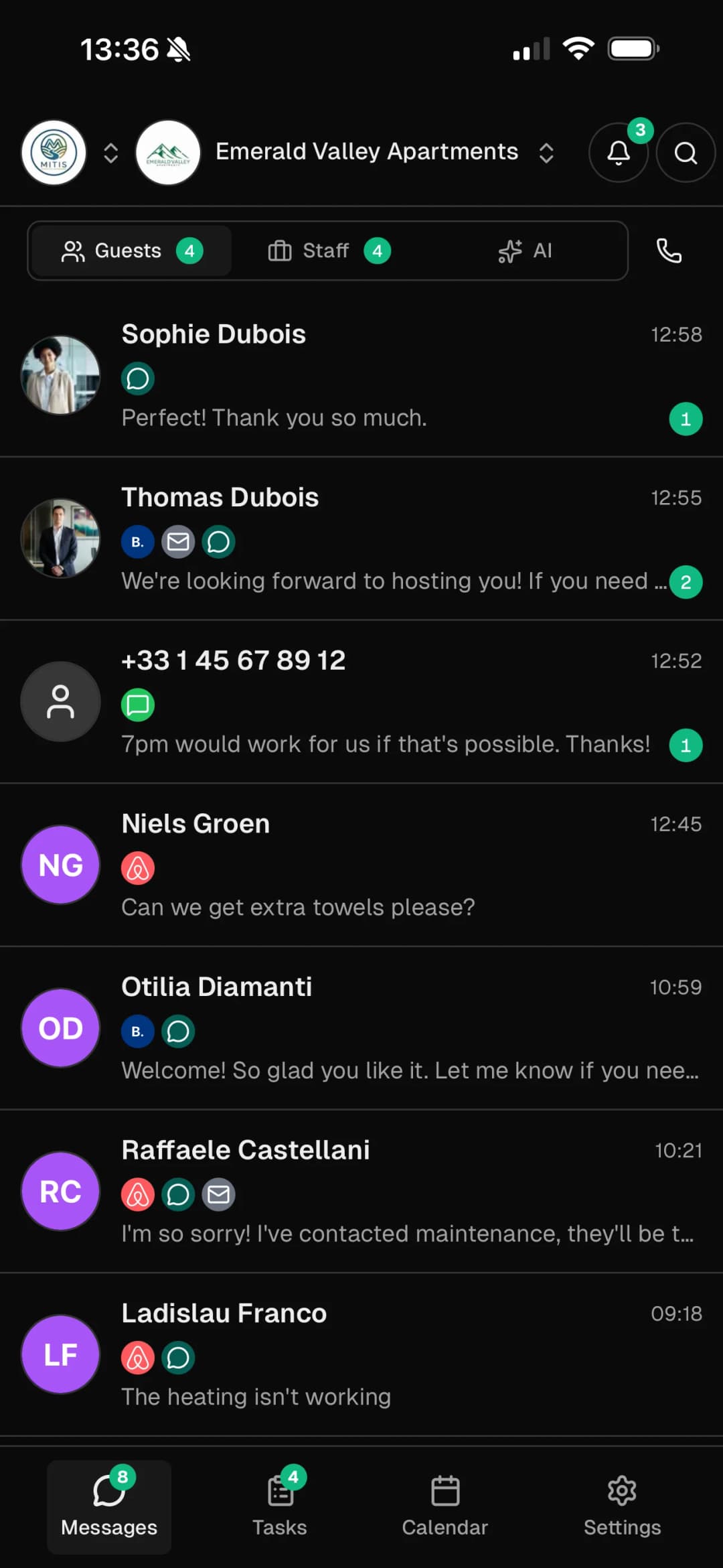 Superhost unified inbox showing guest conversations across channels