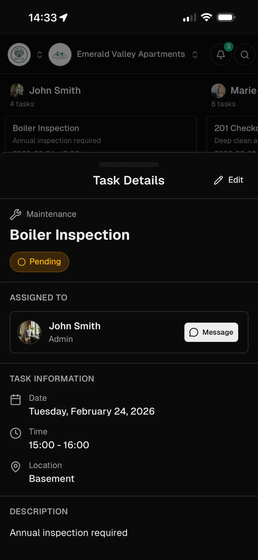 Superhost task management view showing staff assignments for cleaning and maintenance
